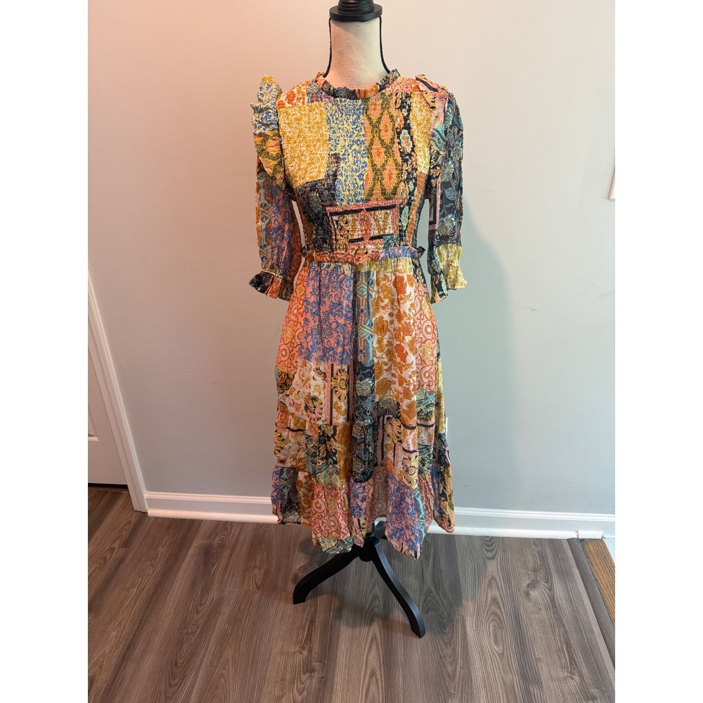 Fate Women Patchwork Print Smocked Midi Dress Ruffle Shoulder Multicolor Medium